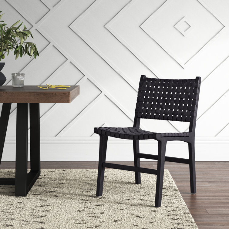 Antique Black Leather Teak Wood Woven Side Chair