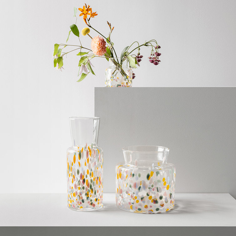 Tall Clear Glass Vase with Multicolor Floral Design