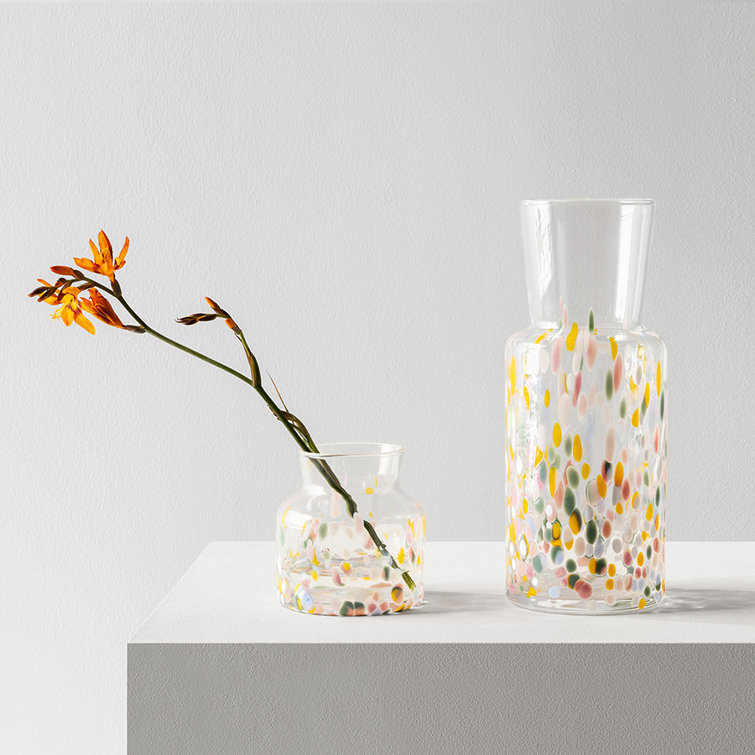 Tall Clear Glass Vase with Multicolor Floral Design