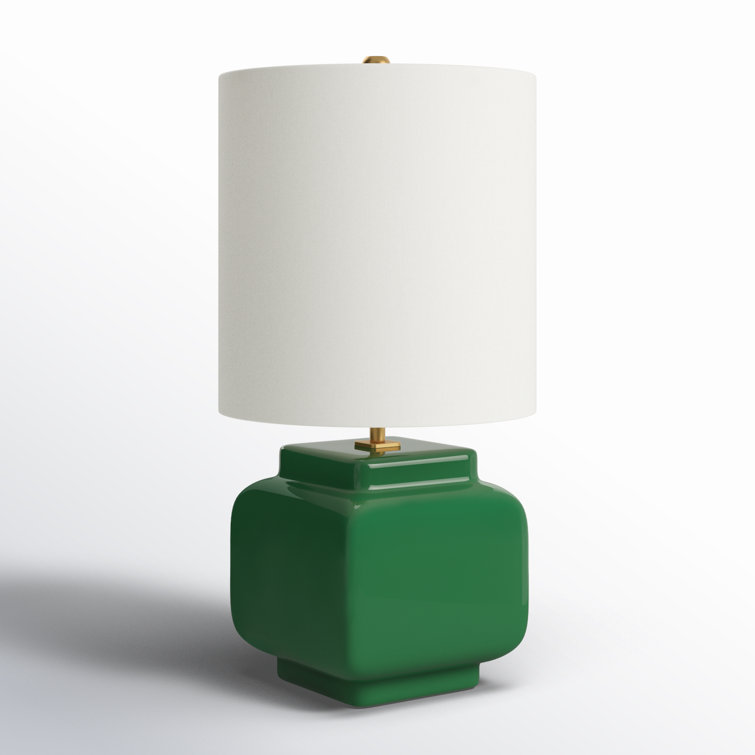 Green Ceramic Table Lamp with White Linen Drum Shade