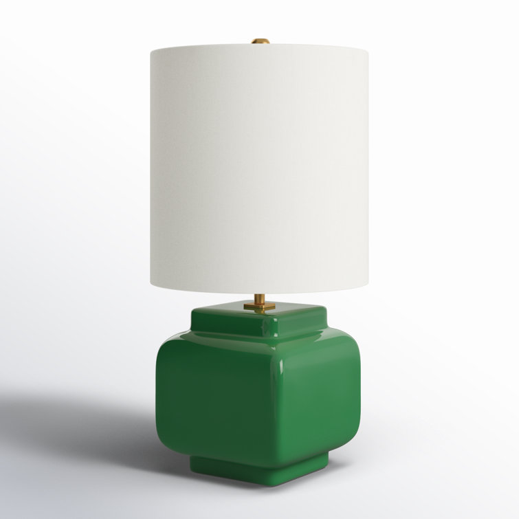 Green Ceramic Table Lamp with White Linen Drum Shade