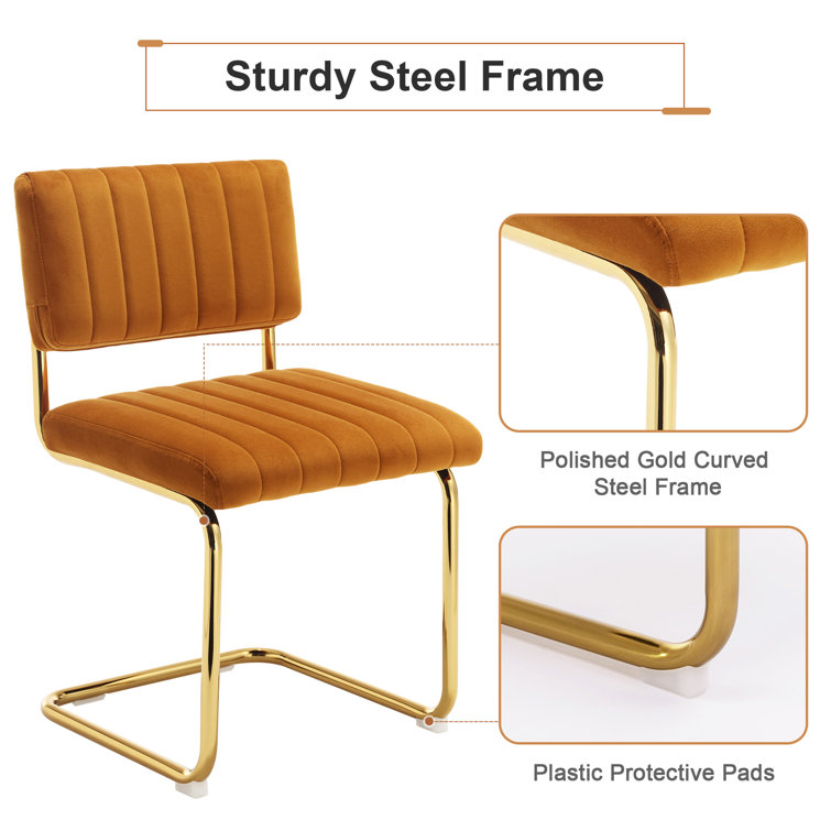 Set of 2 Orange Velvet Upholstered Side Chairs with Gold Metal Legs
