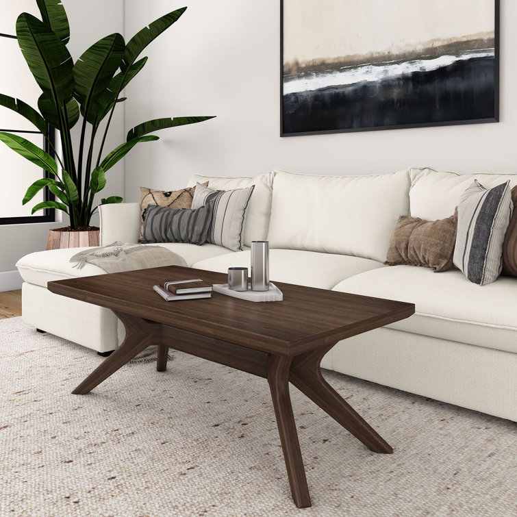 Walnut Brown Solid Wood Rectangular Coffee Table with Cross Legs