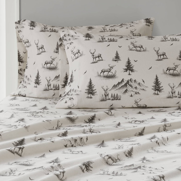 Full Gray Deer Toile Cotton Flannel Sheet Set