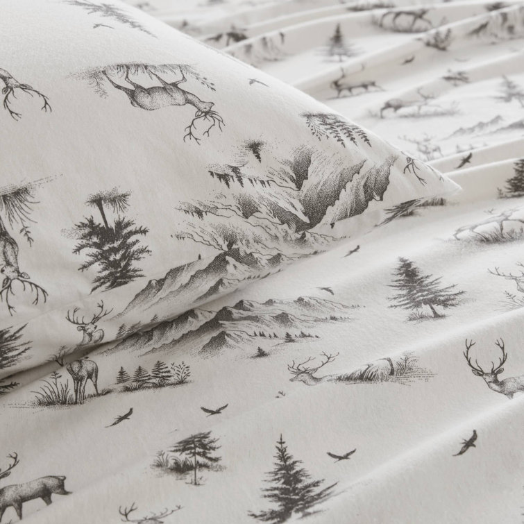 Full Gray Deer Toile Cotton Flannel Sheet Set