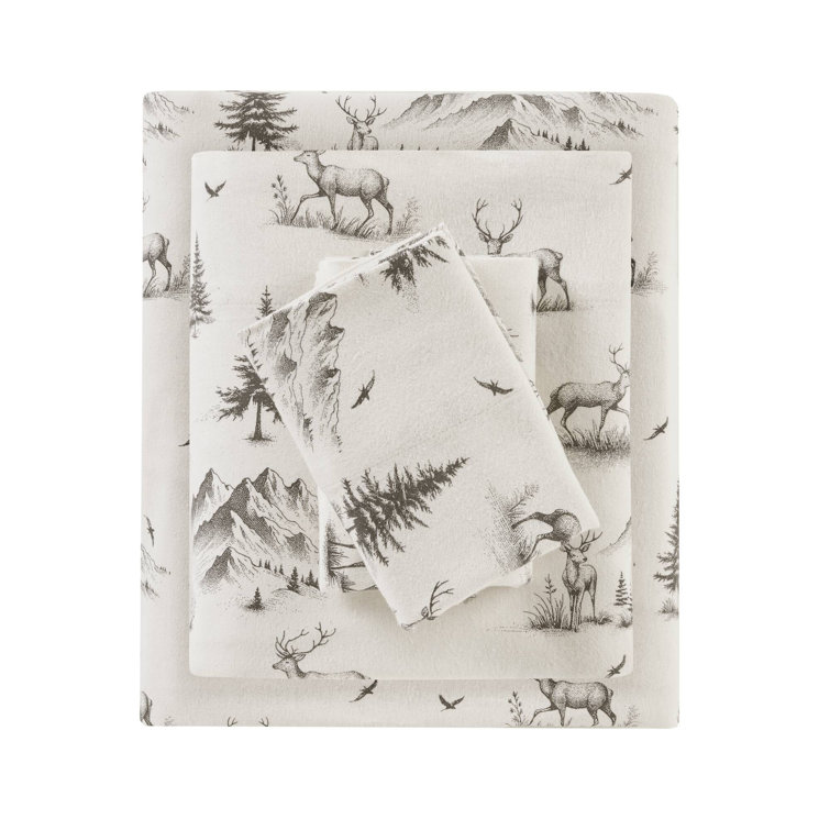 Full Gray Deer Toile Cotton Flannel Sheet Set