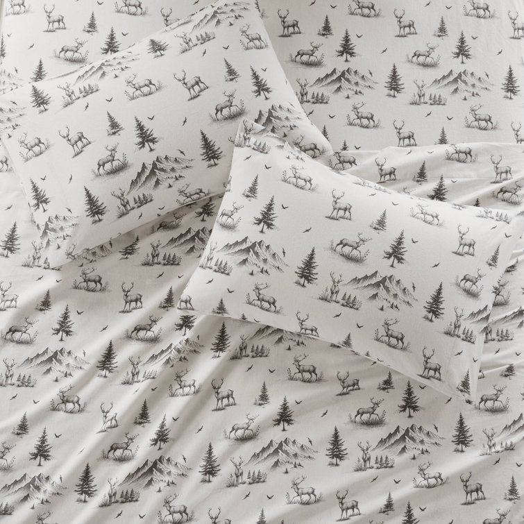 Full Gray Deer Toile Cotton Flannel Sheet Set