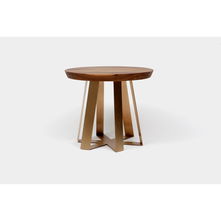 Walnut and Red Metal Round Pedestal End Table