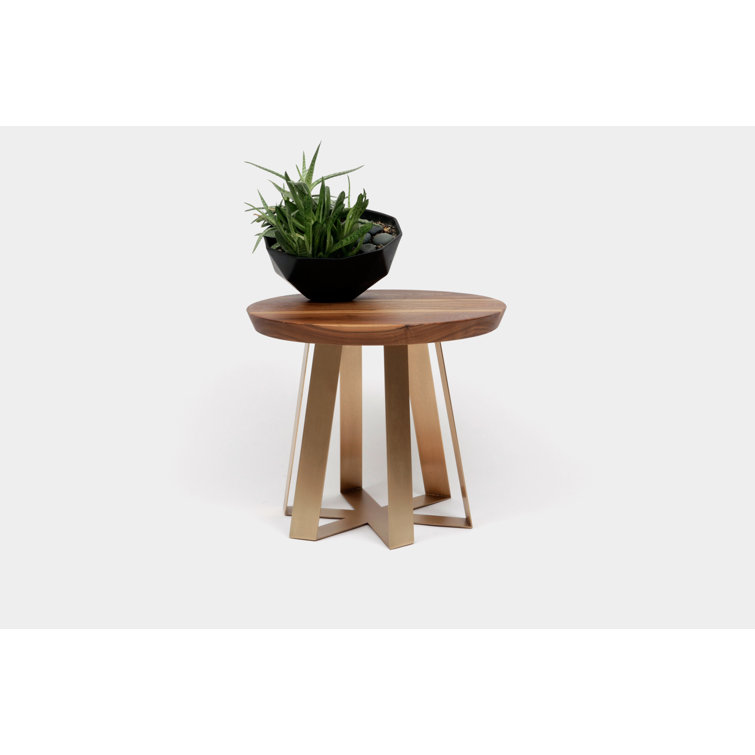 Walnut and Red Metal Round Pedestal End Table
