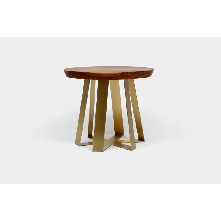 Walnut and Red Metal Round Pedestal End Table