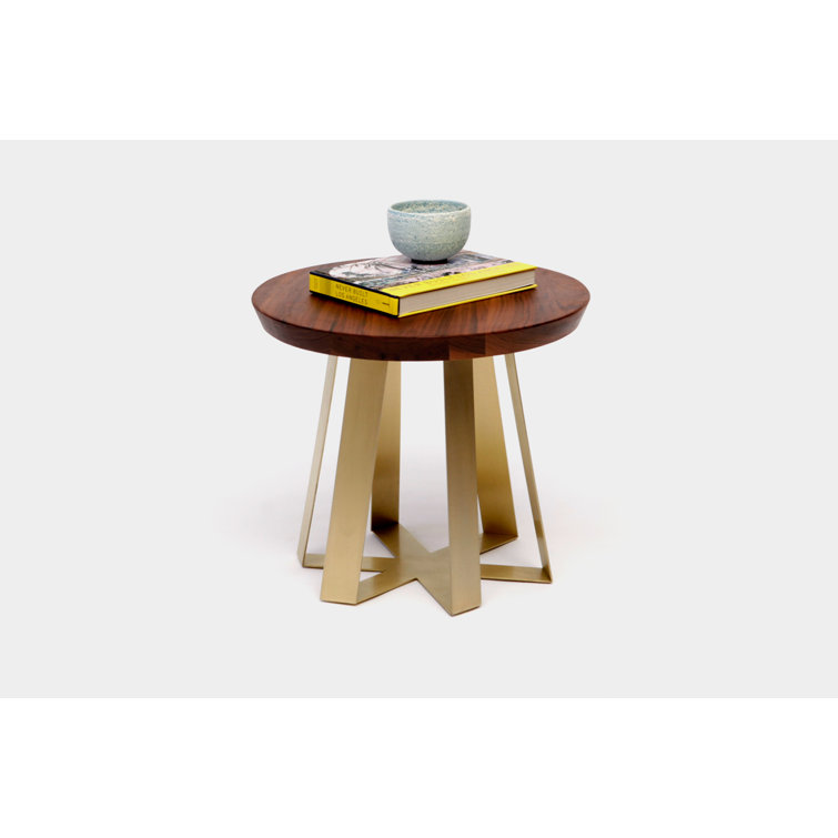 Walnut and Red Metal Round Pedestal End Table