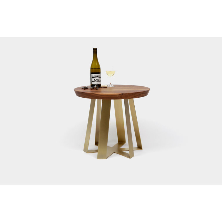 Walnut and Red Metal Round Pedestal End Table