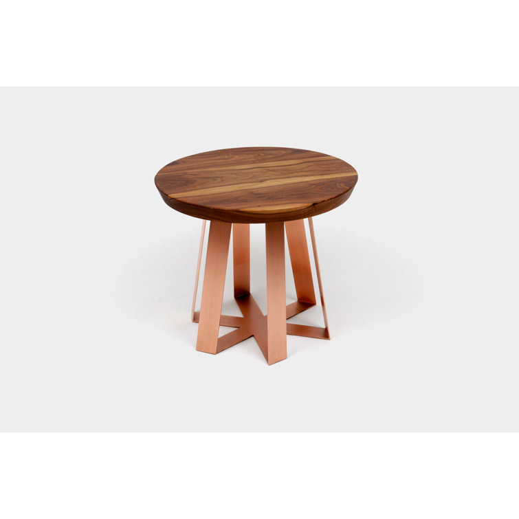 Walnut and Red Metal Round Pedestal End Table