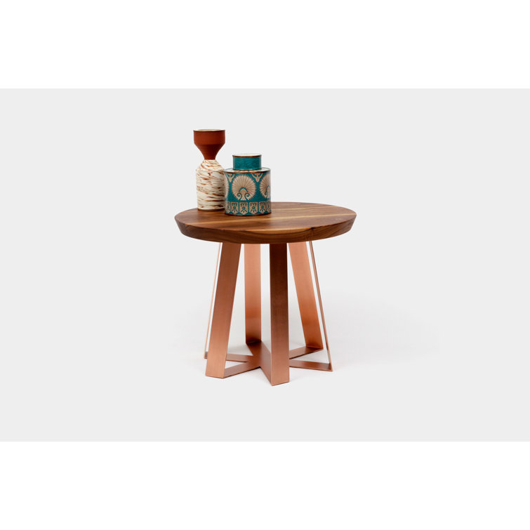 Walnut and Red Metal Round Pedestal End Table