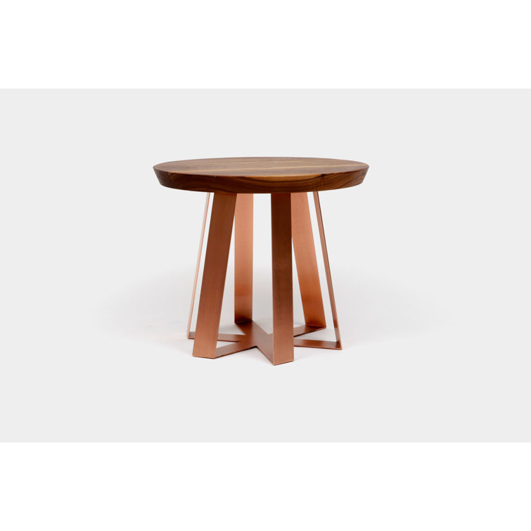 Walnut and Red Metal Round Pedestal End Table