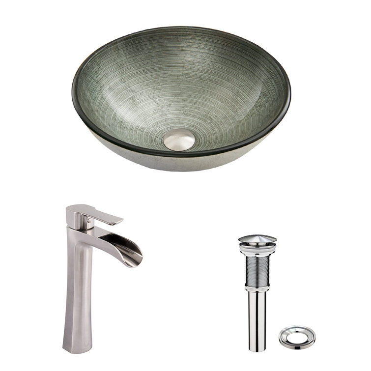 Simply Silver Round Glass Vessel Sink with Brushed Nickel Faucet