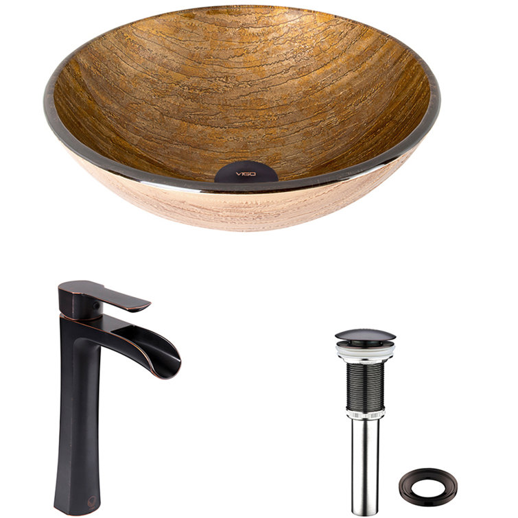 Russet Brown Round Glass Vessel Sink with Antique Bronze Faucet