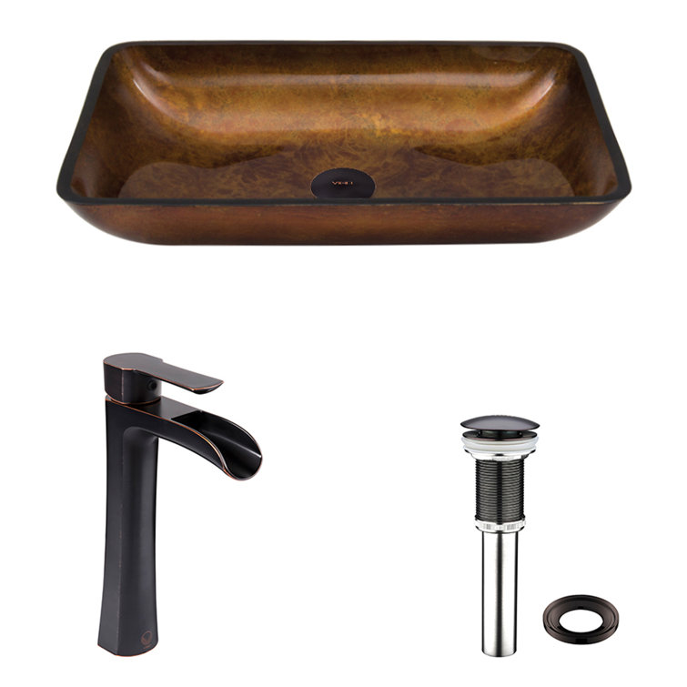 Russet Brown Tempered Glass Vessel Bathroom Sink with Antique Bronze Faucet