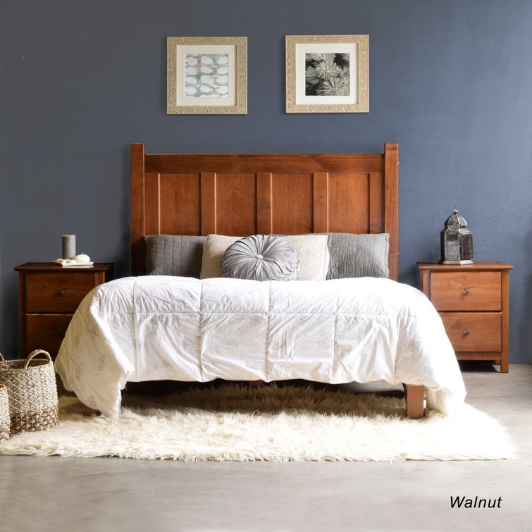 Walnut Full Size Pine Wood Panel Bed with Headboard and Drawer