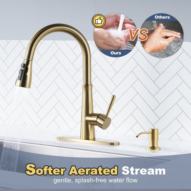 Gold Stainless Steel High-Arc Kitchen Faucet with Pull-out Spray