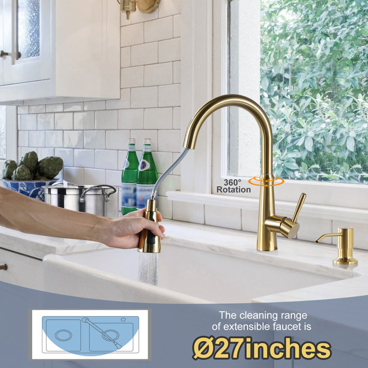 Gold Stainless Steel High-Arc Kitchen Faucet with Pull-out Spray