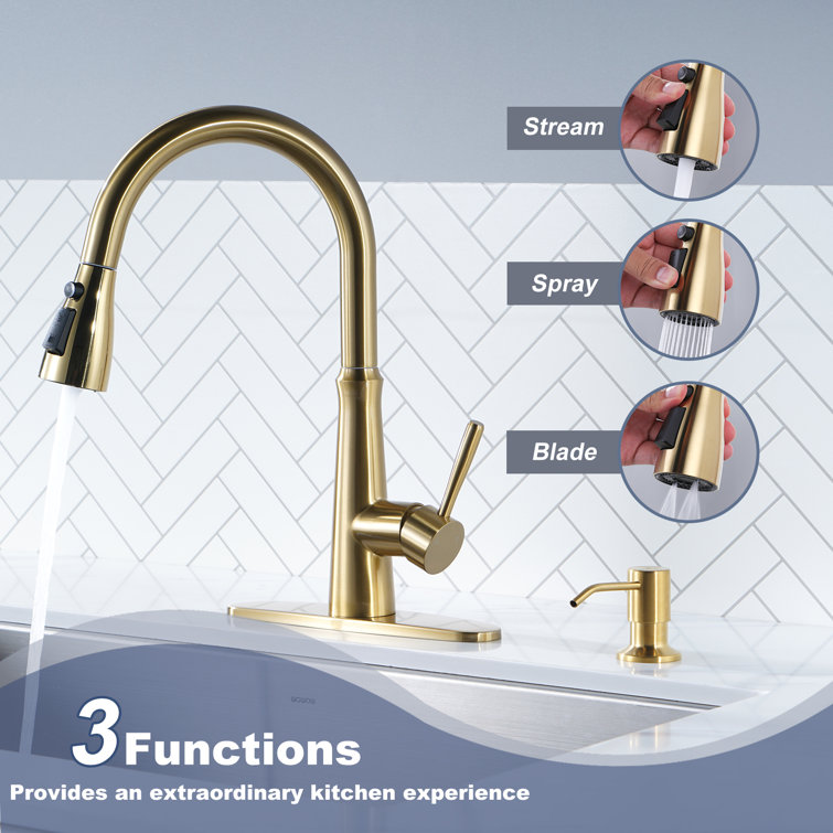 Gold Stainless Steel High-Arc Kitchen Faucet with Pull-out Spray