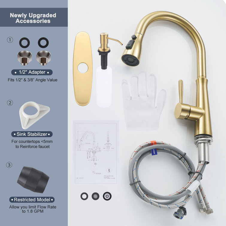 Gold Stainless Steel High-Arc Kitchen Faucet with Pull-out Spray