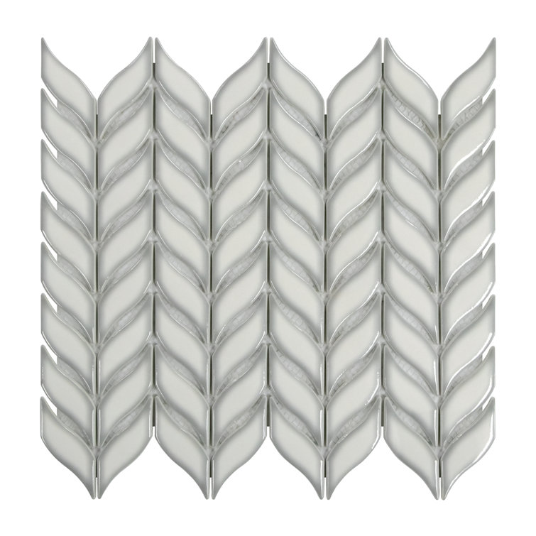 White Glazed Leaf Waterjet Recycled Glass Mosaic Tile