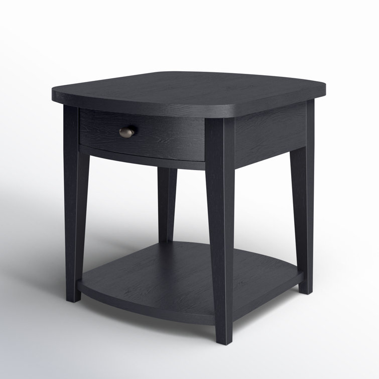Black Rectangular Solid Wood End Table with Storage