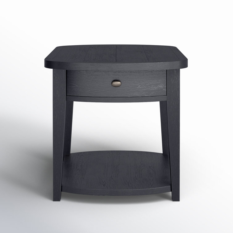 Black Rectangular Solid Wood End Table with Storage