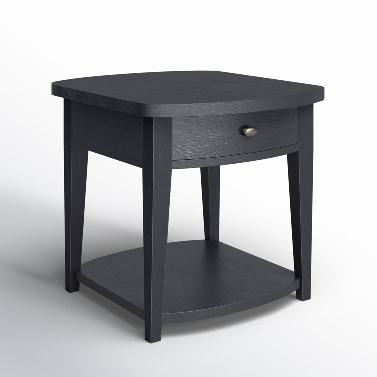 Black Rectangular Solid Wood End Table with Storage
