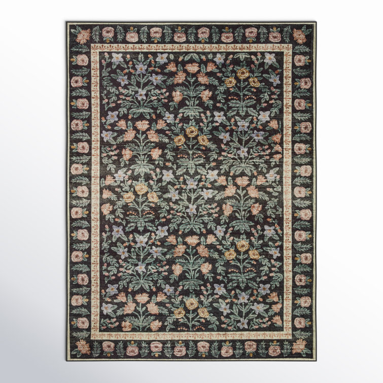 Mughal Garden Black Floral Synthetic Rectangular Area Rug 8'-6" x 11'-6"
