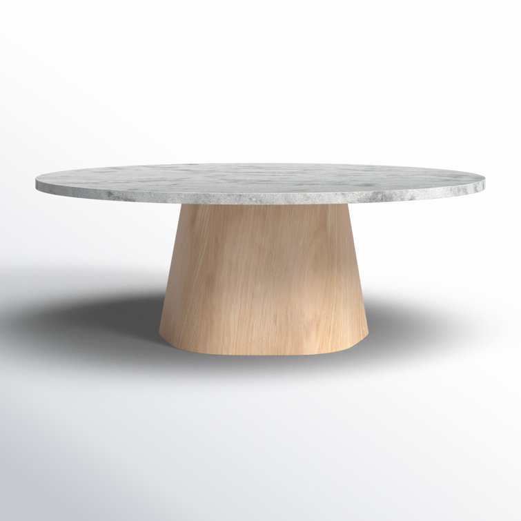 Ashen Gray Marble Top Round Coffee Table with Oak Pedestal Base
