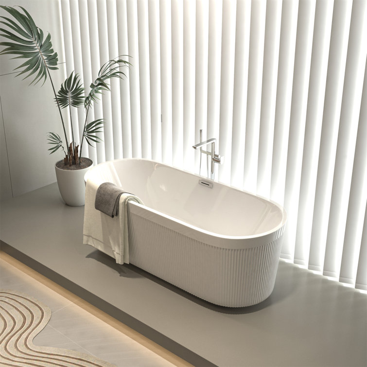 59" Gloss White Acrylic Freestanding Bathtub with Pleated Design
