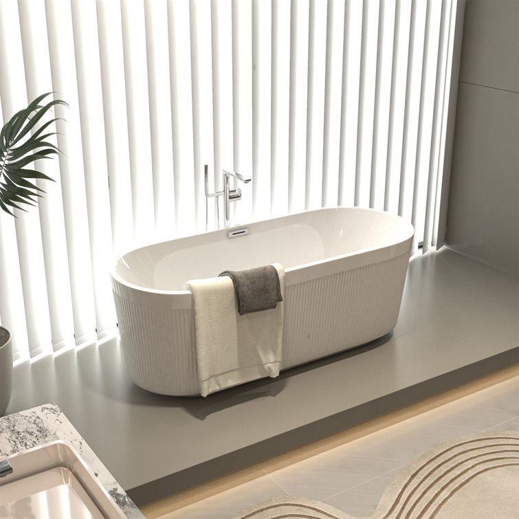59" Gloss White Acrylic Freestanding Bathtub with Pleated Design
