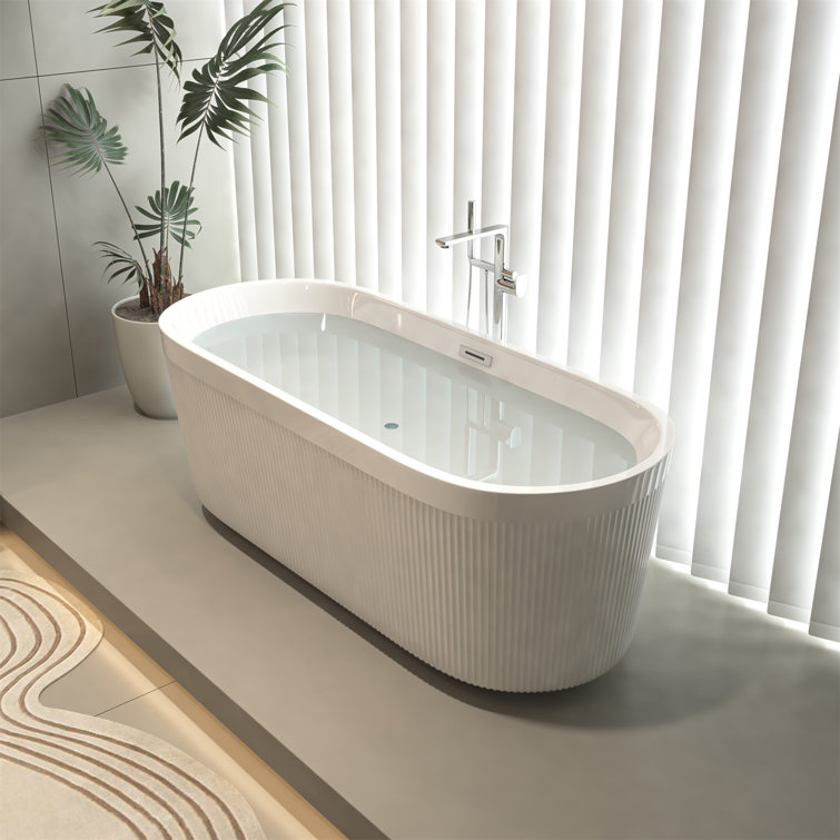 59" Gloss White Acrylic Freestanding Bathtub with Pleated Design