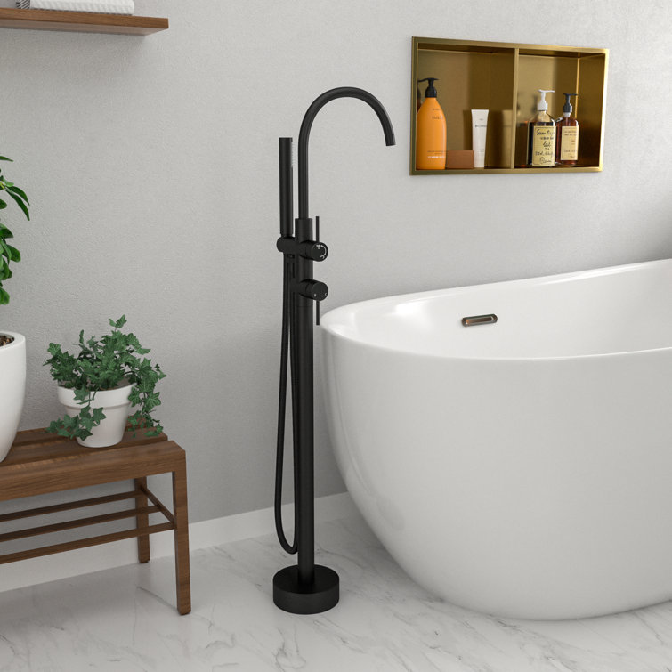 Matte Black Stainless Steel Freestanding Tub Filler with Hand Shower