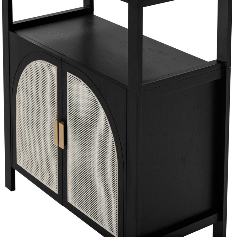 Black Oak 3-Shelf Bookshelf Cabinet with Faux Rattan Doors