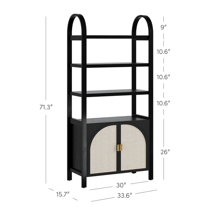 Black Oak 3-Shelf Bookshelf Cabinet with Faux Rattan Doors
