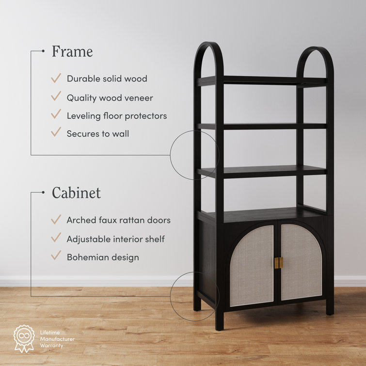 Black Oak 3-Shelf Bookshelf Cabinet with Faux Rattan Doors