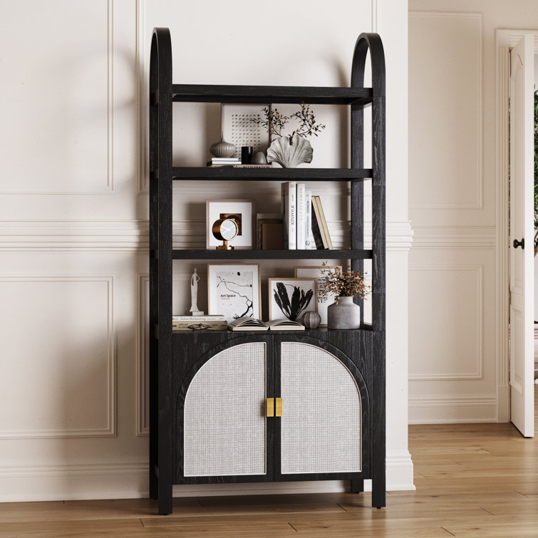 Paxton Black Oak 71" Boho Bookshelf Cabinet with Faux Rattan Doors