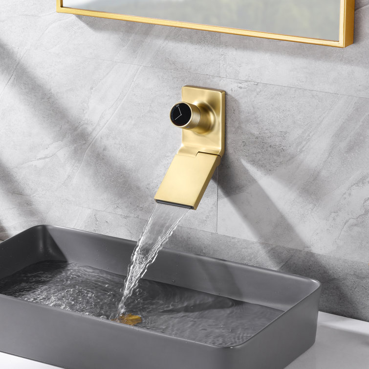 Brushed Gold Brass Wall Mount Bathroom Sink Faucet with Swiveling Waterfall Spout
