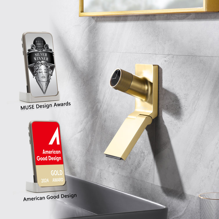 Brushed Gold Brass Wall Mount Bathroom Sink Faucet with Swiveling Waterfall Spout