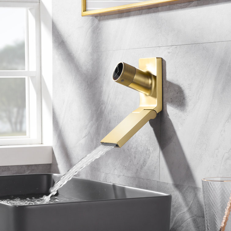 Brushed Gold Brass Wall Mount Bathroom Sink Faucet with Swiveling Waterfall Spout