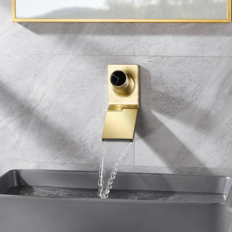 Brushed Gold Brass Wall Mount Bathroom Sink Faucet with Swiveling Waterfall Spout