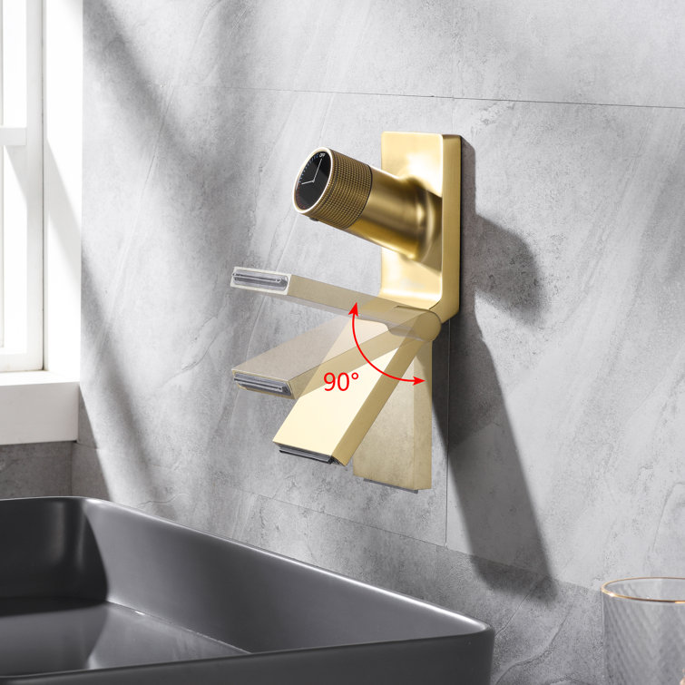 Brushed Gold Brass Wall Mount Bathroom Sink Faucet with Swiveling Waterfall Spout
