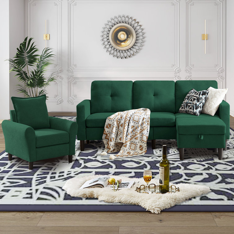 Green Polyester Blend 3-Piece Convertible Sectional Sofa Set