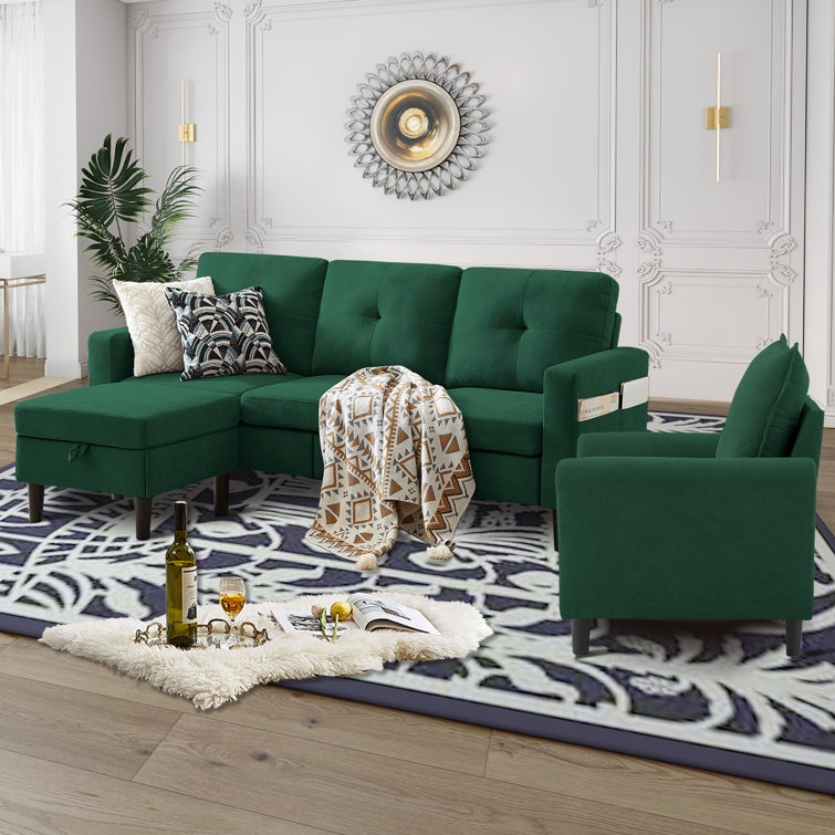 Green Polyester Blend 3-Piece Convertible Sectional Sofa Set