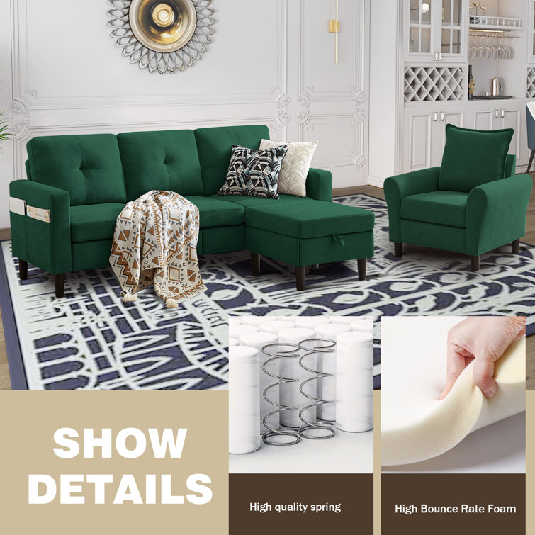 Green Polyester Blend 3-Piece Convertible Sectional Sofa Set