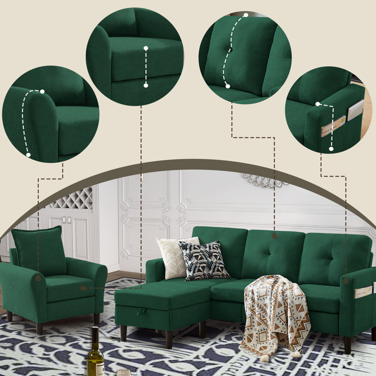 Green Polyester Blend 3-Piece Convertible Sectional Sofa Set